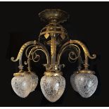 A 19TH CENTURY FRENCH GILT BRONZE SIX BRANCH ELECTROLIER The scrolling foliage arms and glass