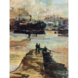 AN EARLY 20TH CENTURY OIL ON BOARD Landscape, harbour scene, a steam ship and figures on a quay,