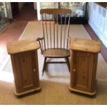 A PAIR OF VICTORIAN PINE DESIGN POT CUPBOARDS Along with a mid 20th Century rocking chair.