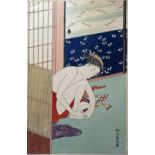 SUZUKI HARUNOBU, 1725 - 1770, A JAPANESE WOODBLOCK PRINT A Bijn grooming after bathing, signed. (