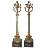 A PAIR OF 19TH CENTURY FRENCH EMPIRE CARVED GILTWOOD AND FAUX MARBLE TORCHÈRE CANDELABRAS Each