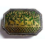 A YELLOW METAL AND PERTUBGHUR ENAMEL TRINKET BOX The lid with inlaid and engraved decoration, eleph