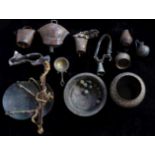 A COLLECTION OF ANTIQUE METALWARE ITEMS To include a hanging balance scale with bronze circular