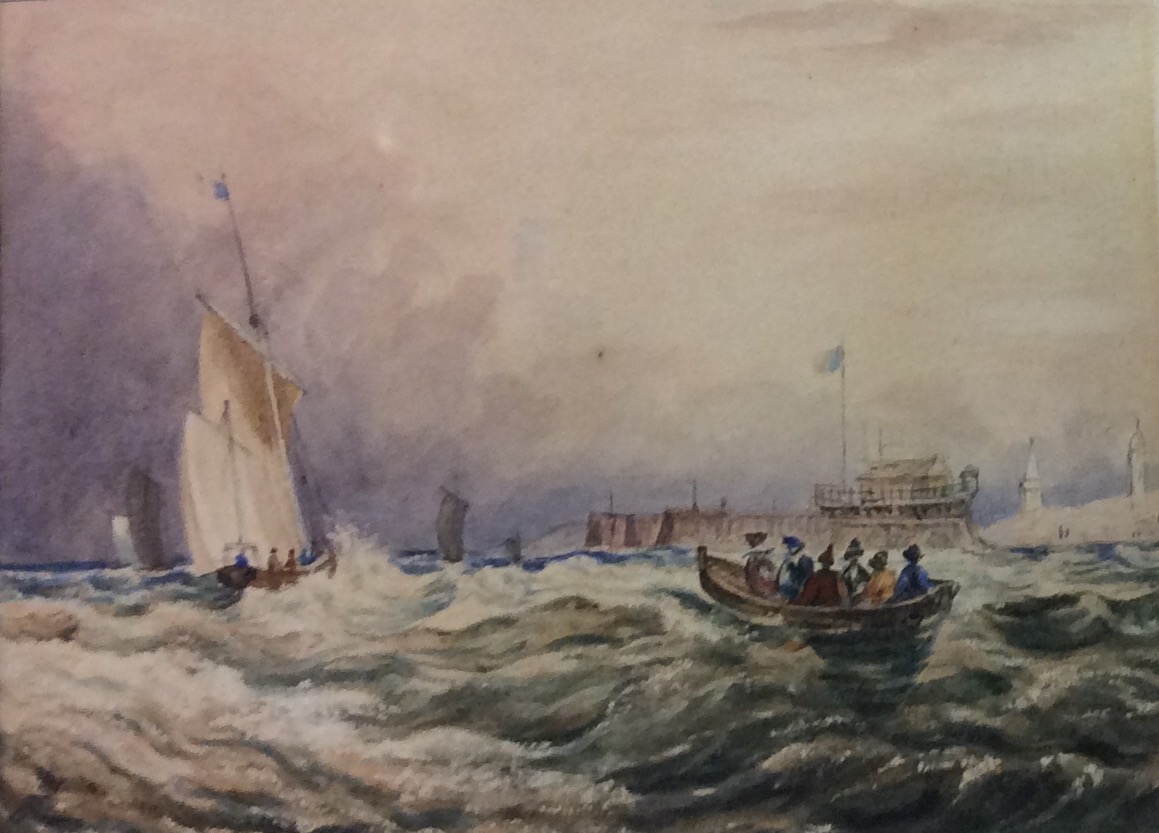 A 19TH CENTURY WATERCOLOUR Seascape figures in a rowing boat with sailing ships and boats on the