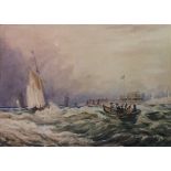 A 19TH CENTURY WATERCOLOUR Seascape figures in a rowing boat with sailing ships and boats on the