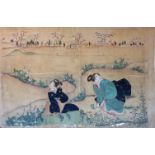 TWO JAPANESE ON SILK One a Geisha girl, the other of two ladies' picking flowers and two woodblock