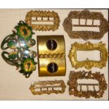 A COLLECTION OF 19TH CENTURY GILT BRASS RECTANGULAR BUCKLES With engraved decoration, a pair set