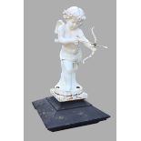 A 19TH CENTURY CAST IRON STATUE OF A WINGED CHERUB On stepped plinth. (91cm)