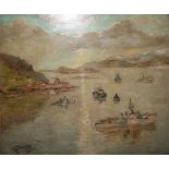STANLEY GRIMM, 1891 - 1966, OIL ON BOARD 'Assembling Convoy', naval ships in an estuary, signed,