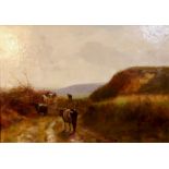 A 19TH CENTURY OIL ON CANVAS Landscape, cattle on a track, signed with monogram 'TH' lower left,