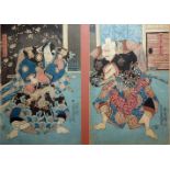 TOYOKUNI III, 1786 - 1864, A JAPANESE WOODBLOCK PRINT Two Kabuki actors playing as Samurai, framed