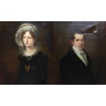 A PAIR OF 19TH CENTURY ENGLISH SCHOOL OIL ON CANVAS Portraits of a well dressed lady and gent. (w