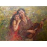 A 20TH CENTURY RUSSIAN OIL ON CANVAS, ROMANTIC COUPLE Young boy singing to gypsy girl,