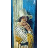 AFTER SIR WILLIAM ORPEN, OIL ON BOARD Portrait of Mrs Hone in a striped dress, signed with