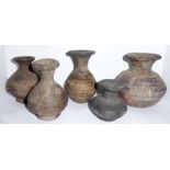 A COLLECTION OF FIVE CHINESE POTTERY BALUSTER VASES With wide circular rim and spherical body. (