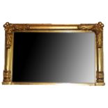 A 19TH CENTURY CARVED GILTWOOD AND GESSO OVERMANTLE MIRROR. (w 110cm x h 69cm)