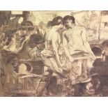 AFTER FRANK BRANGWYN, A 20TH CENTURY WATERCOLOUR Industrial style scene, blacksmiths at work, framed