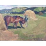 SERGEI REPKA, 1944 - 2016, OIL ON BOARD Landscape, a horse in a hayfield, bearing inscription to