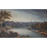 A 19TH CENTURY WATERCOLOUR Riverside view, with buildings on the horizon, mounted, framed and