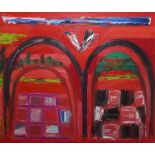TRICIA GILLMAN, A 20TH CENTURY ABSTRACT OIL ON CANVAS Landscape view, a pair of archways, bearing