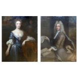 FOLLOWR OF SIR GODFREY KNELLER, 1646 - 1723, A LARGE PAIR OF 17TH OIL ON CANVAS CENTURY PORTRAITS