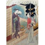 SUZUKI HARUNOBU, 1725 - 1770, A JAPANESE WOODBLOCK PRINT A young woman talking to a fan mounter,