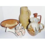 A COLLECTION STUDIO ART POTTERY ITEMS Including an earthenware jug with partial glaze, a shallow