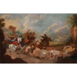 A LARGE 17TH/18TH CENTURY OIL ON CANVAS LAID TO BOARD Landscape battle scene, Ottoman cavalry,