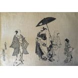 OKUMURA MASANOBU, 1686 - 1764, A JAPANESE WOODBLOCK PRINT Courtesan and servant walking, signed. (