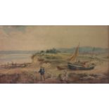 A 19TH CENTURY WATERCOLOUR Landscape, coastal view, fishing boat with figures, framed and glazed. (