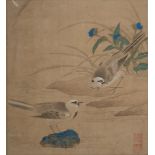 A CHINESE PAINTING ON SILK Birds and two large Chinese prints, all signed.