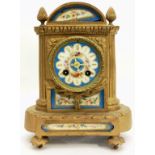 A 19TH CENTURY FRENCH SPELTER AND PORCELAIN MANTEL CLOCK Having acorn finials, a blue porcelain dial