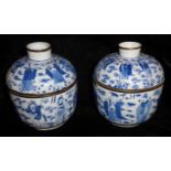 A PAIR OF CHINESE BLUE AND WHITE PORCELAIN BOWL AND COVERS Cylindrical shape, hand painted with