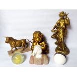 A 19TH CENTURY SPELTER FIGURE, MAIDEN WITH BIRDS Together with a gilt plaster model of a young girl,