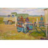 KOLESNIK VLADIMIR, 1920 - 1986, A MID 20TH CENTURY OIL ON BOARD Landscape, figures with vehicles,