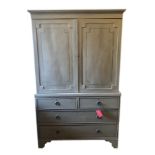 A VICTORIAN FRENCH GREY PAINTED AND DECORATED MAHOGANY LINEN PRESS The two doors enclosing five