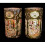 A PAIR OF 19TH CENTURY ORIENTAL TERRACOTTA POTS With hand painted decoration, court scenes,