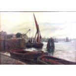 GUSTAVE DE BRÉANSKI, 1856 - 1898, OIL ON CANVAS Titled 'The Docks at Greenwich', landscape,