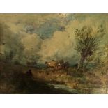 CIRCLE OF DAVID COX SNR, 1783 - 1859, OIL ON BOARD Landscape, cows, gilt framed and glazed. (28cm