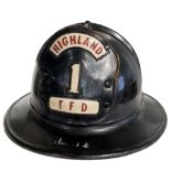 A VINTAGE AMERICAN FIRE FIGHTERS HELMET With original leather tag, Highland 1 T F D, leather lining,