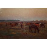 MICHEAL BORYMCHUK, RUSSIAN, A 20TH CENTURY OIL ON BOARD Horses grazing in a field, mounted, framed