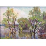 MICHAEL BORYMCHUK, A 20TH CENTURY OIL ON BOARD Impressionist style landscape, bearing an inscription