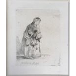 REMBRANDT HARMENSZ. VAN RIJN, ETCHING Beggar woman leaning on a stick plate. (6.5cm x 8.2cm) (