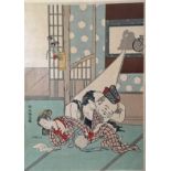 SUZUKI HARUNOBU, 1725 - 1770, A JAPANESE WOODBLOCK PRINT Abuna-E: Hotei and Bijin attracted by the