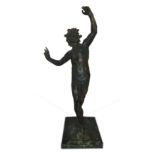AFTER THE ANTIQUE, 'NAPLES', A LARGE 19TH CENTURY ITALIAN BRONZE STATUE OF A DANCING FAUN. (80cm)