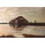 AN EARLY 20TH CENTURY DUTCH OIL ON BOARD Landscape, farmhouse by a river/lake, framed. (w 46cm x h