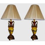 A PAIR OF DECORATIVE WOOD AND PARCEL GILT LAMPS WITH SILK SHADES.