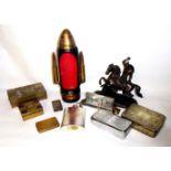 A SELECTION OF BRASS AND METALWARE ITEMS To include; a piece of Soviet trench art; a bronzed Spelter