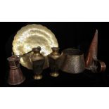 A SELECTION OF ISLAMIC METALWARE ITEMS To include a pair of brass vases with matching pot, a