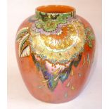 AN EARLY 20TH CENTURY LUSTRE PORCELAIN VASE Hand painted with stylised feathers and flowers,